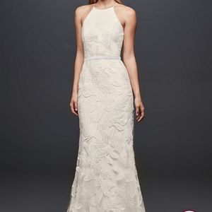 SEQUIN LEAF-APPLIQUED HIGH NECK SHEATH GOWN